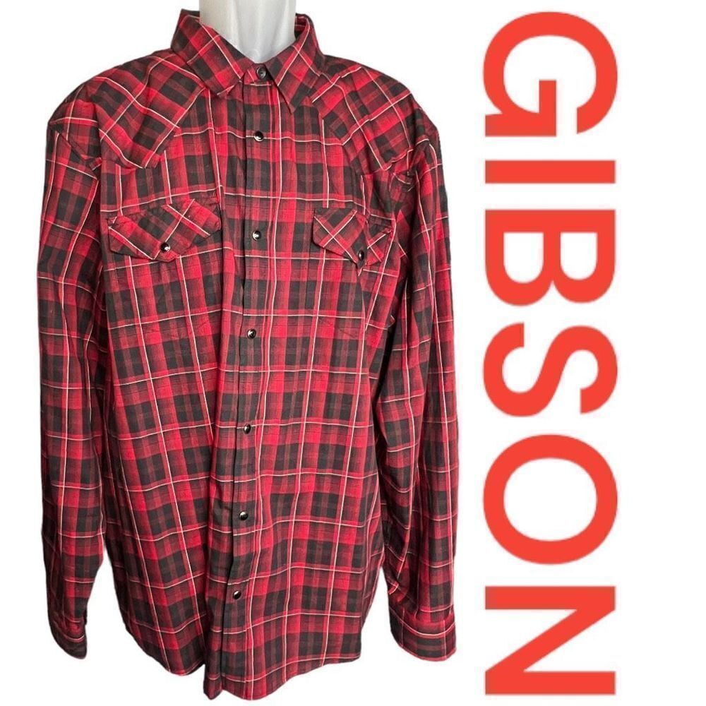 Gibson Men's Plaid Long Sleeve Western Button-Down Shirt Red Black Size 2XL